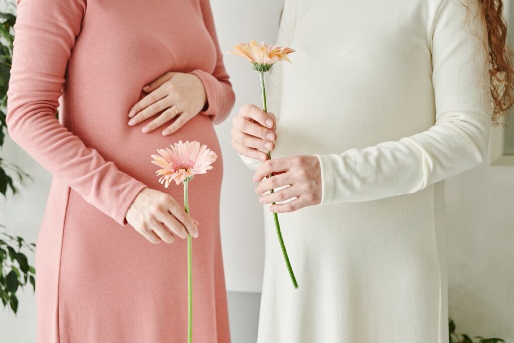 Selecionamos uma imagem simbólica para representar lembretes essenciais para todas as mães, para poder lembrar que mesmo nos dias mais desafiadores, há beleza e crescimento. Na imagem, aparece a barriga de duas gestantes que estão segurando uma flor cada uma.